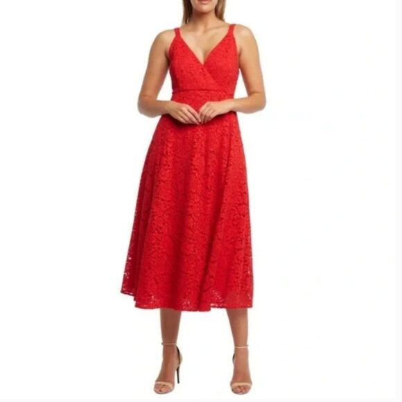 Bardot Red Lace‎ Cocktail Midi Dress Fit and Flare Sleeveless V-Neckline Size 10 - Picture 1 of 11